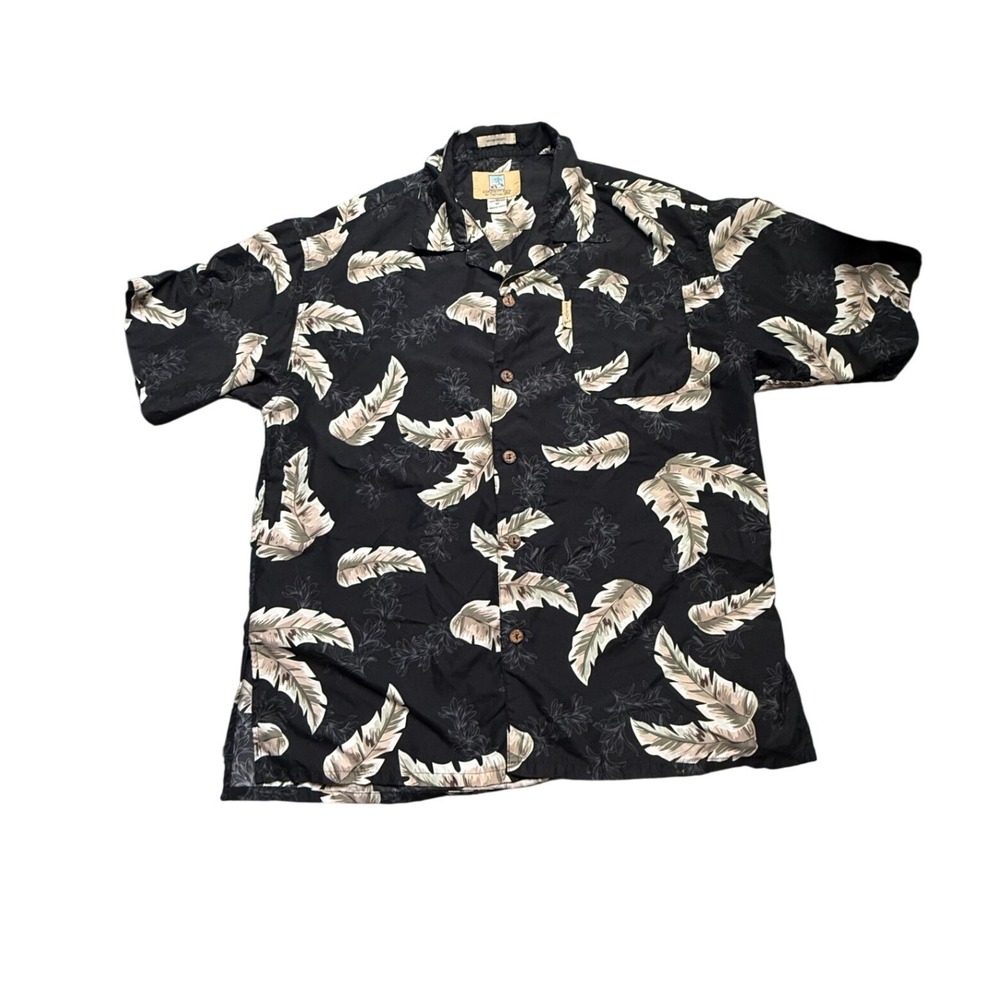 Coconut Pier Mens Tropical Leaf Print Black Microfiber Hawaiian Shirt Medium‎